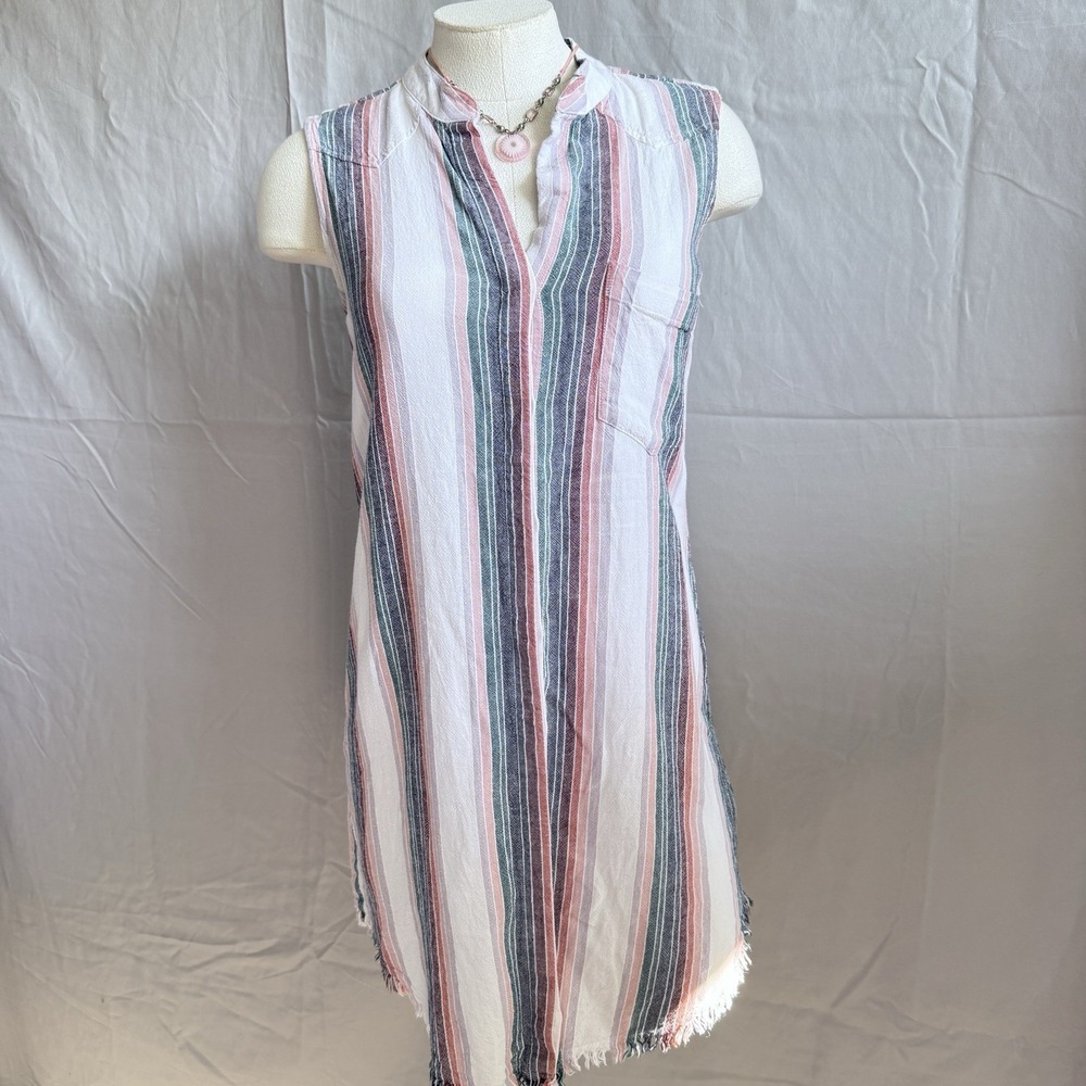 Anthropologie Cloth & Stone Linen Button Down Mini Dress Womens XS Frayed‎ Beach